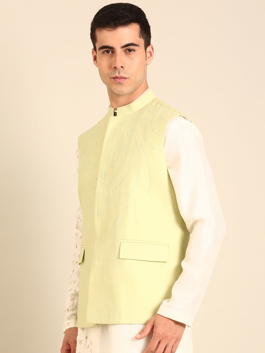 Pista Green Silk Cotton Nehru Jacket