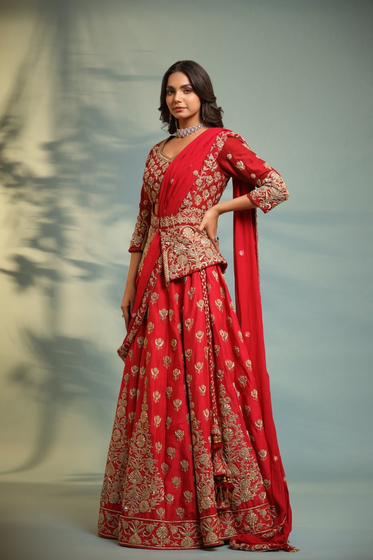 Image of Haseena crimson red structured peplum lehenga set