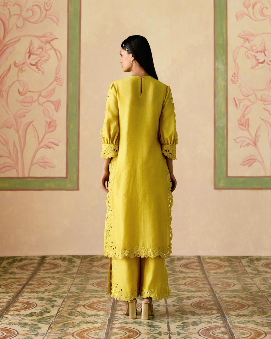 YELLOW CUTWORK AND 3D FLORALS KURTA