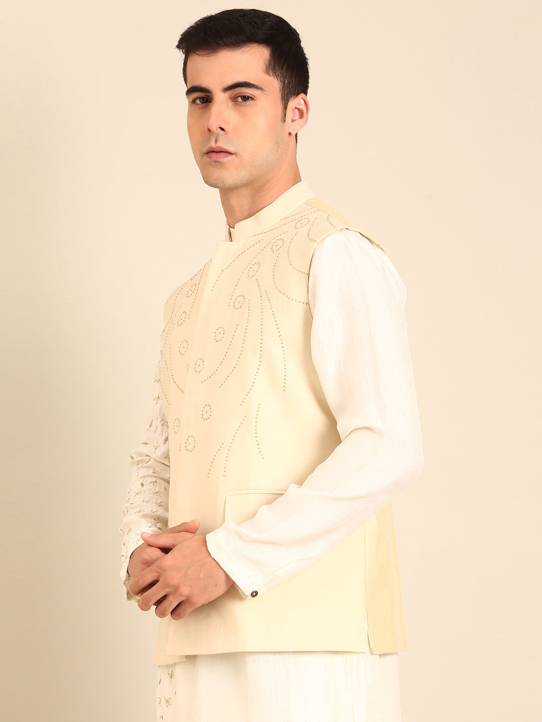 Beige Silk Cotton Nehru Jacket