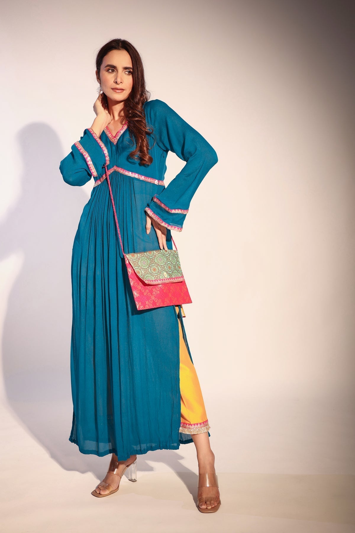 Image of Haseena Teal blue and bright mustard color block kurta pant set