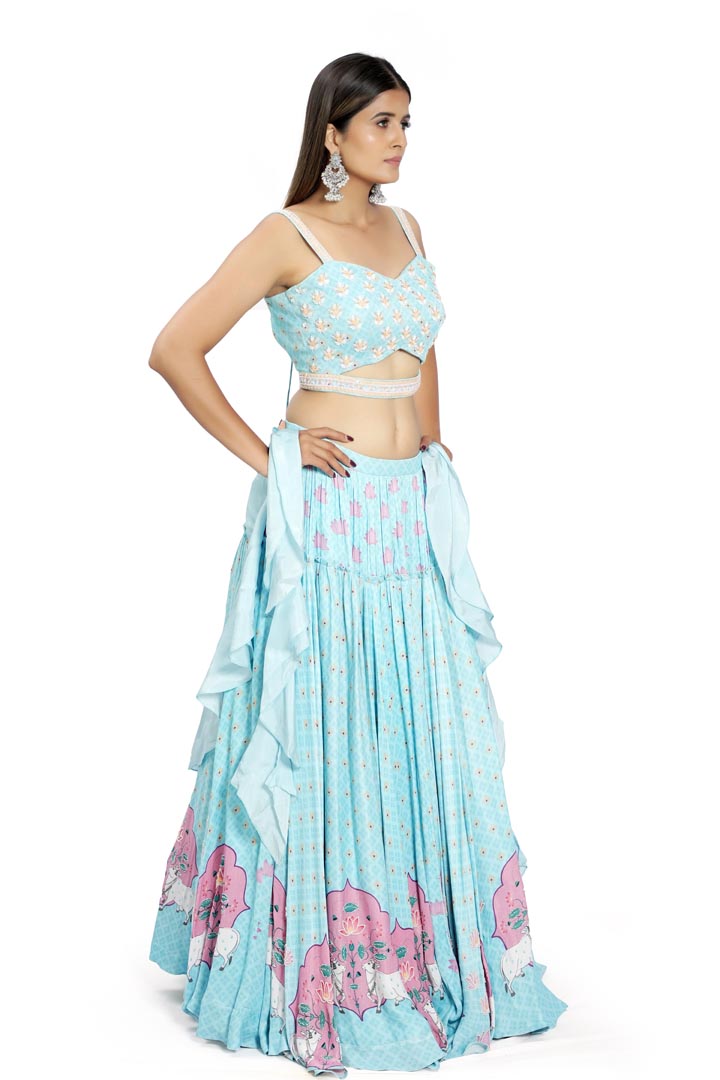 Sky Blue Embroidered & Printed Lehenga Set