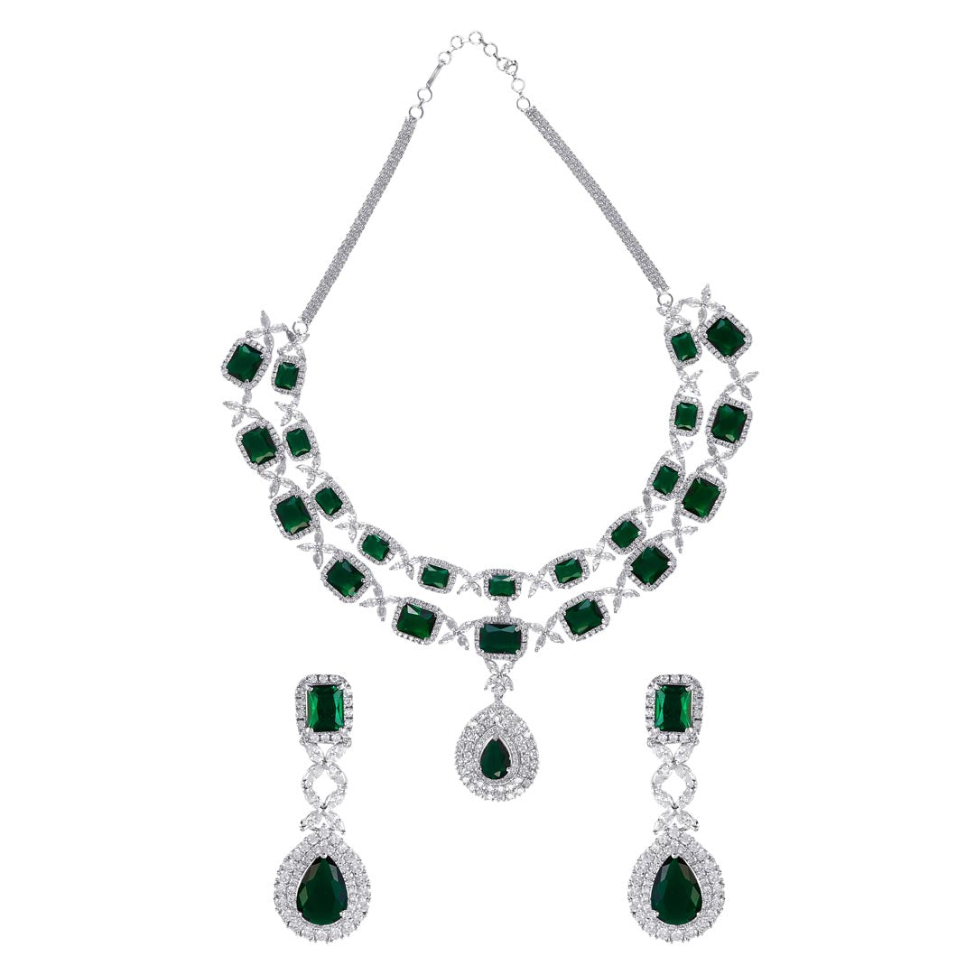 Vivinia By Vidhi Mehra Zia Silver Plated Green Womens Emerald Synthetic Zircon Necklace Set with Pair of earrings VN263