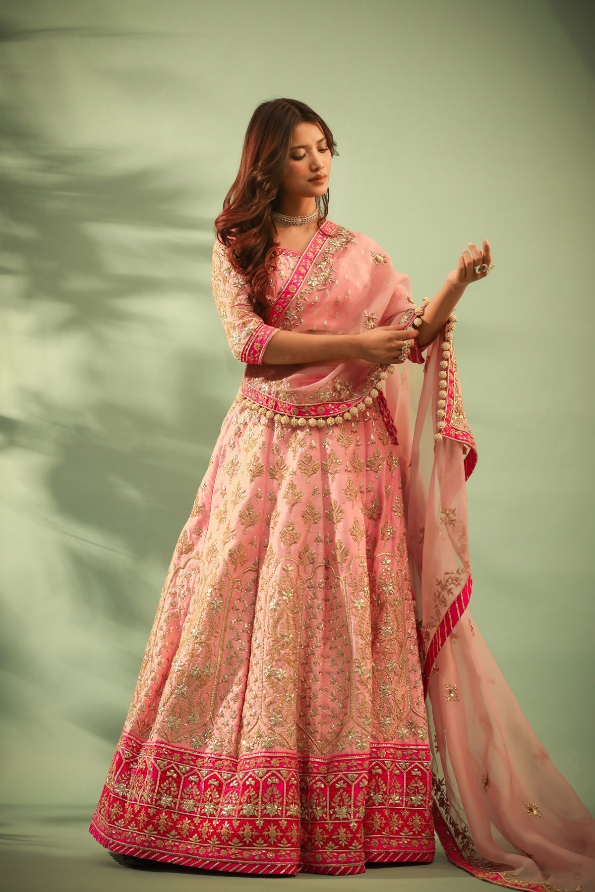 Image of Haseena Candy floss pink lehenga set with chatak pink accent.