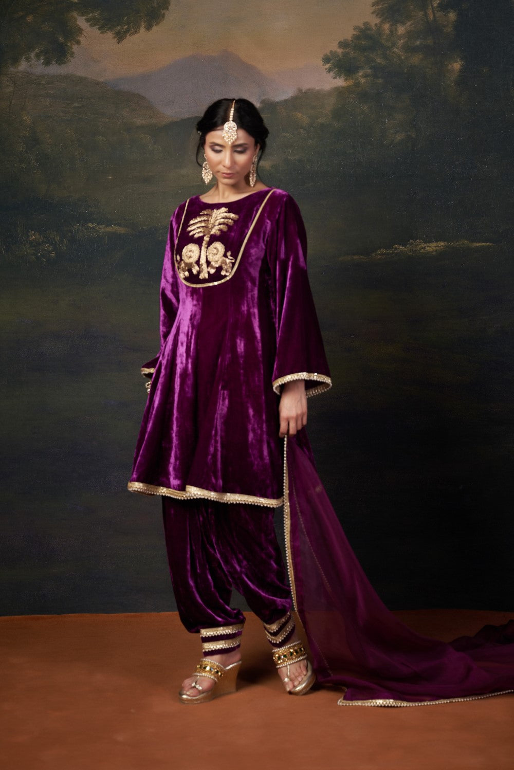 Hand-Embroidered Velvet Purple Kalidar Anarkali Set