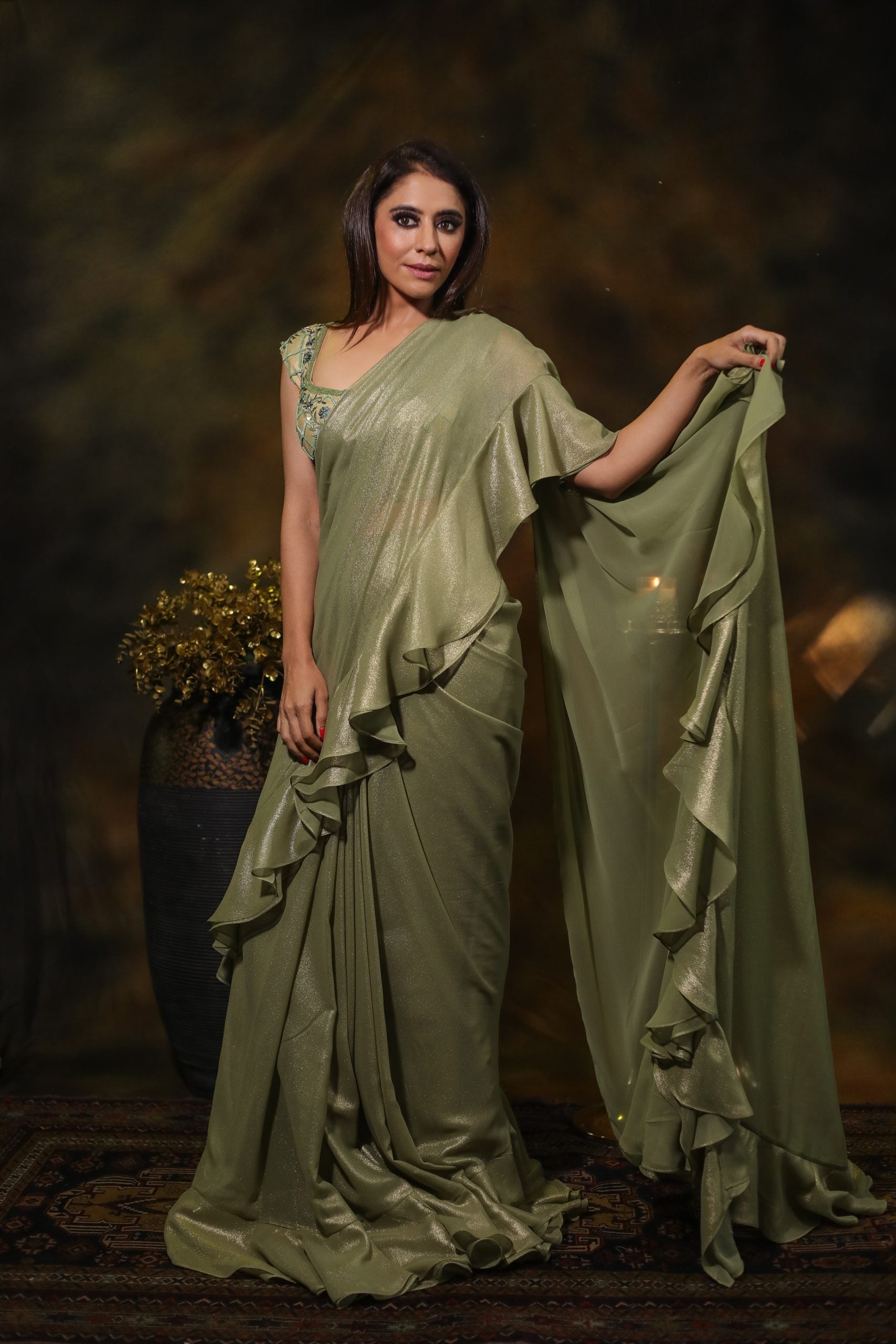 Image of SAGE EMBROIDERED SAREE IN SHIMMER