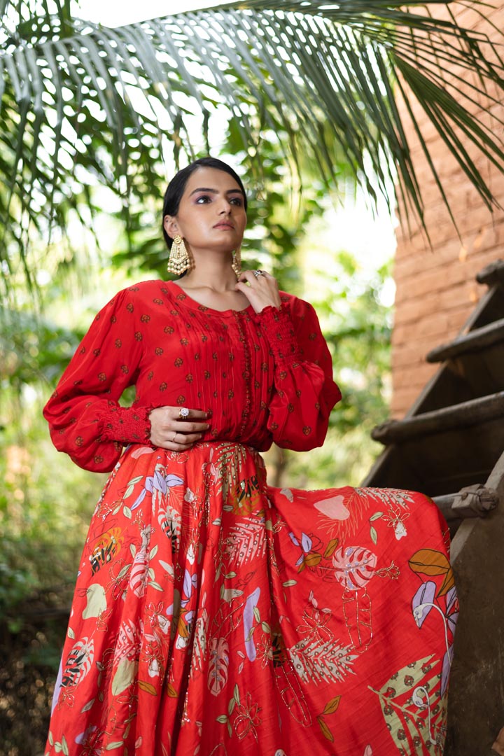 Red Embroidered Skirt Set