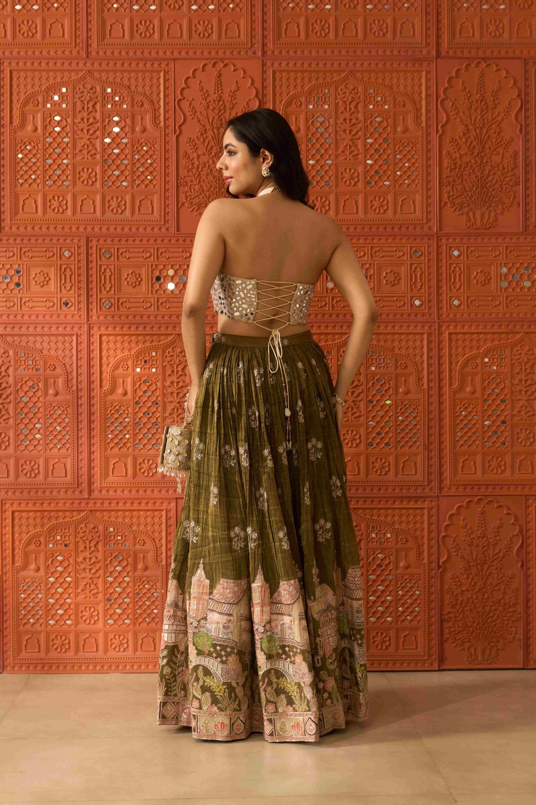 Sheesh Mahal Olive Skirt Set