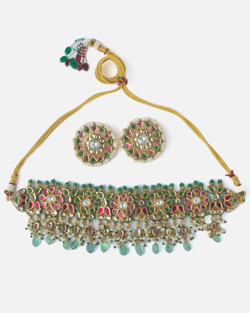Vivinia By Vidhi Mehra Gold Plated Green Womens Kundan Choker Necklace Set with Pair of Earrings VN900