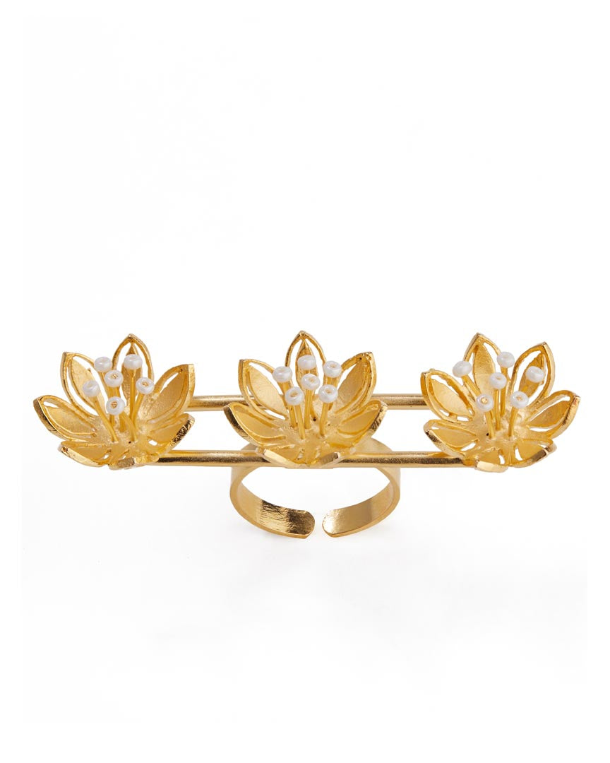 Pearly Golden Flower Three Finger Ring