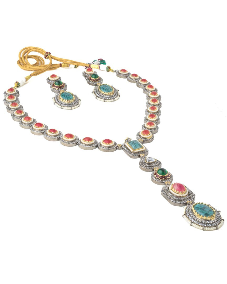 Vivinia By Vidhi Mehra Silver Plated Multicolored Womens Synthetic Stone Long Necklace Set with Pair of Earrings VN220