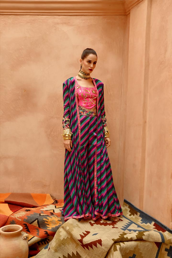 Image of Multi colour Indi-leheriya kallidar jacket with sharara and scallop crop top