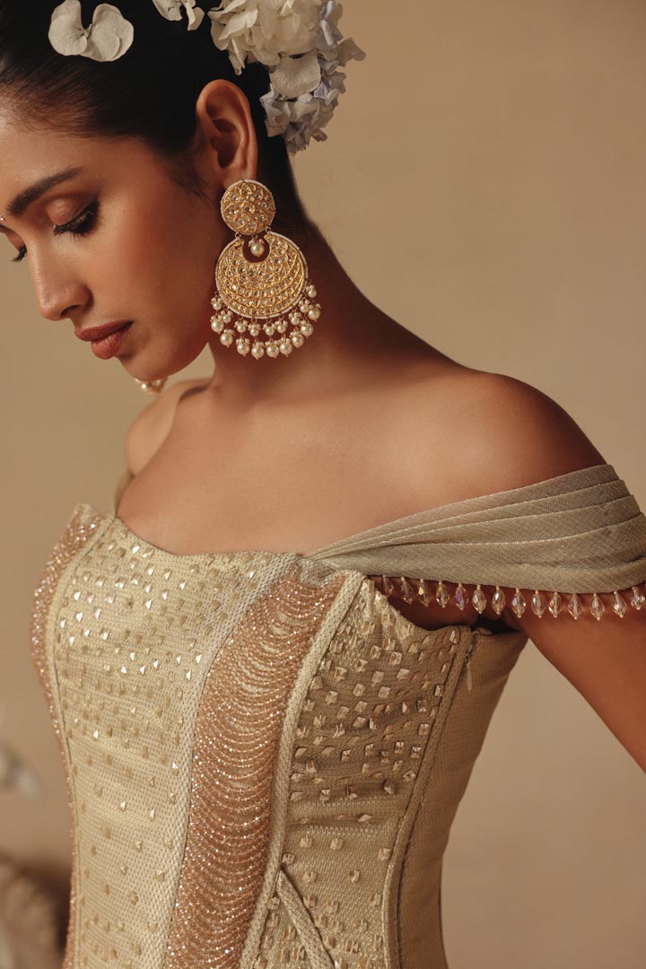 Gold Hand Embroidered Corset Pearl Lehenga