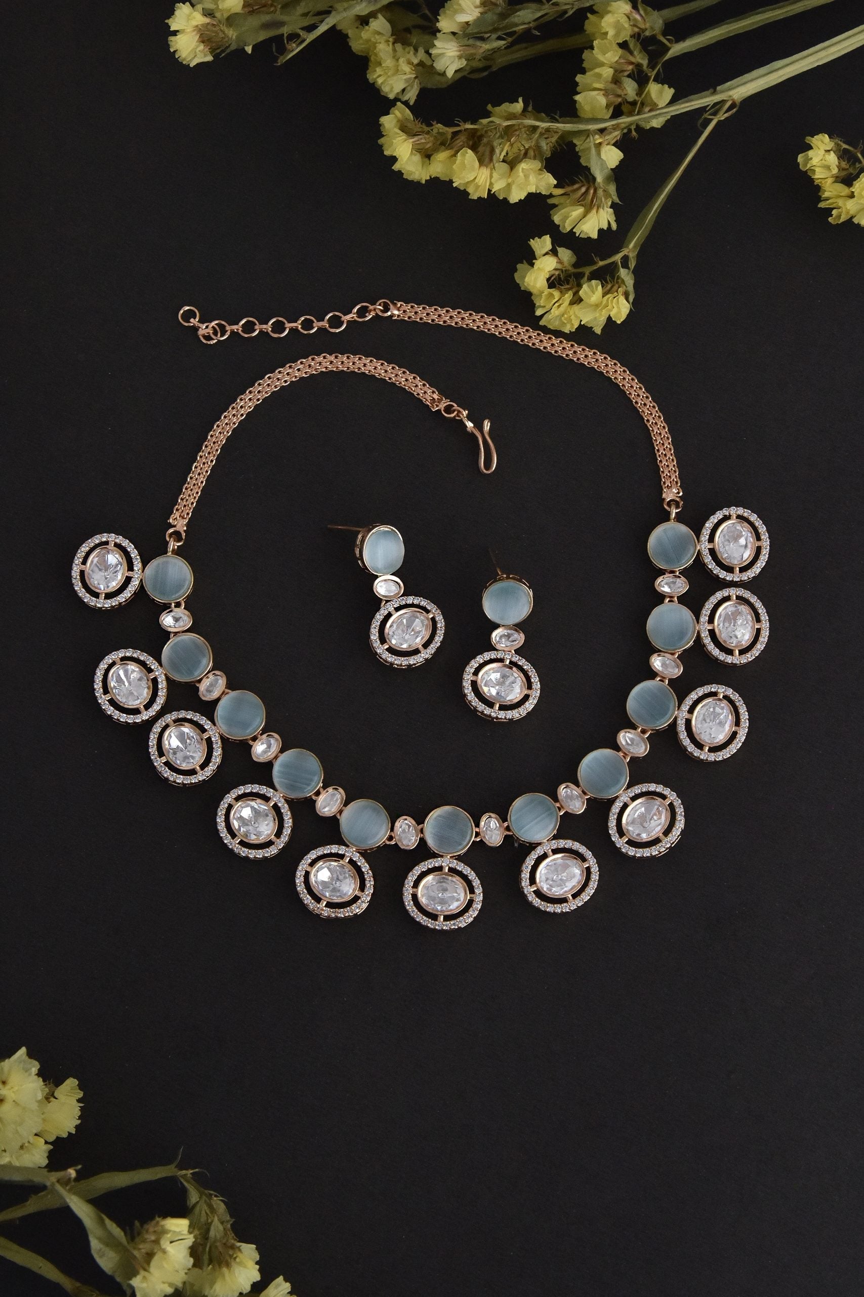 Blue Rose Gold Tone Polki Necklace Set