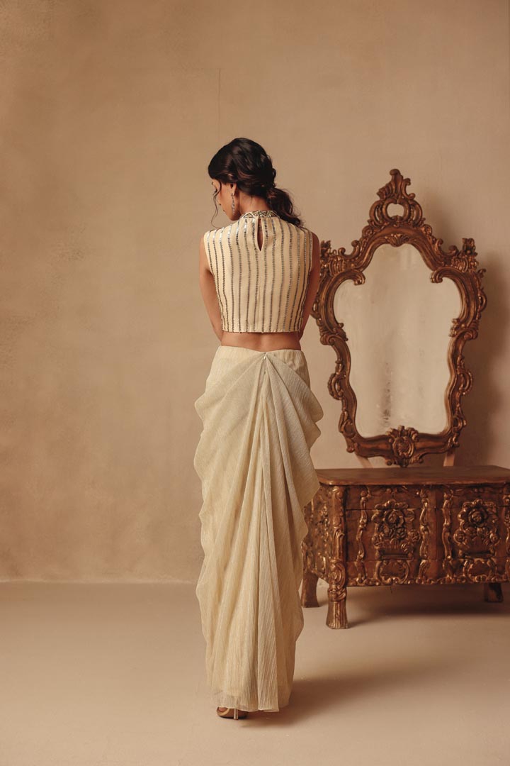 Gold Hand Embroidered Feathers Draped Saree Gown