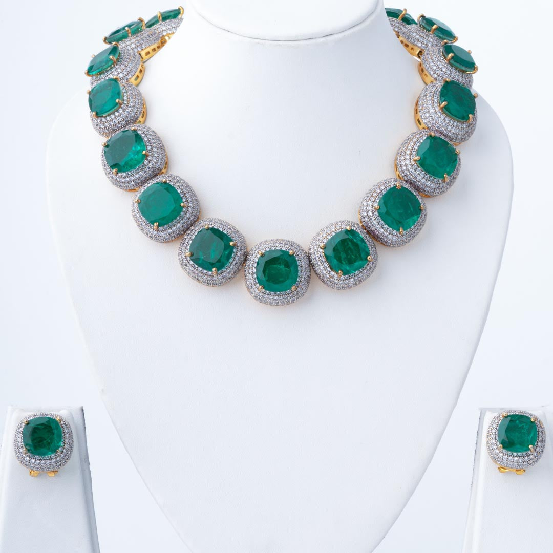 Vivinia By Vidhi Mehra Silver Plated Green Womens Synthetic Stone Choker Necklace Set with Pair of Earrings VN132