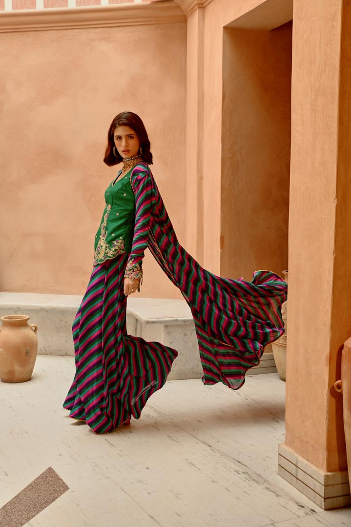 Image of Multi color Indie-leheriya magzi kali jacket and sharara with heritage kurti.