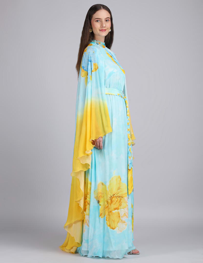 Aurora Bloom Tonal Teal placement print dress