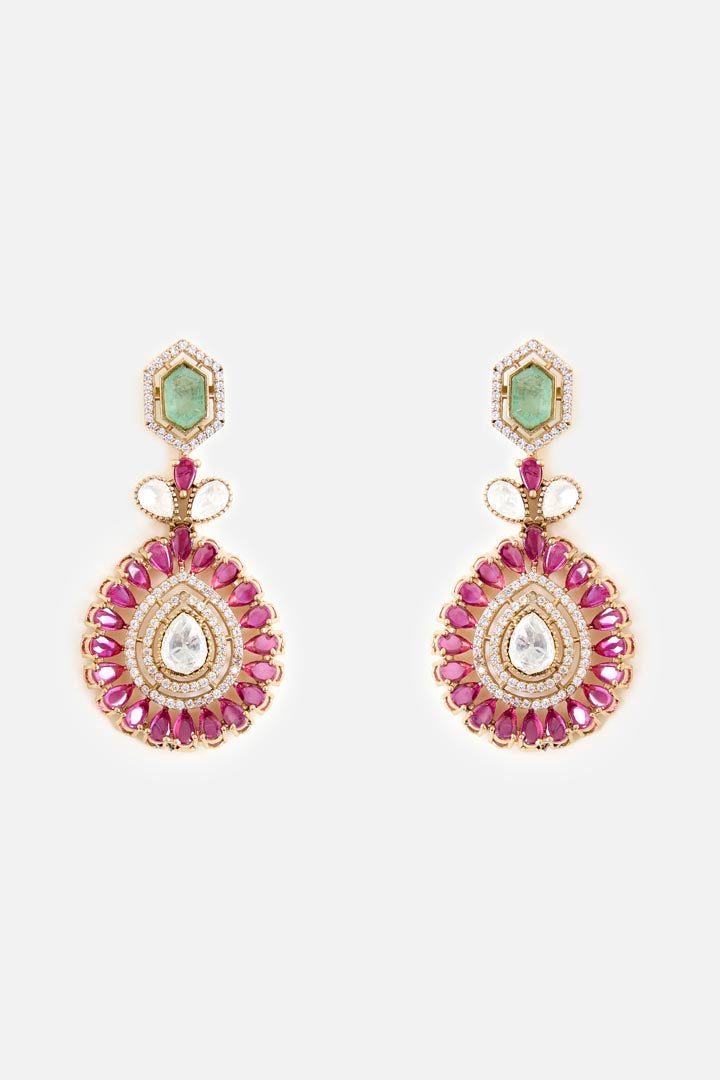 Gold-Plated Green & Pink Stone Choker Necklace Set