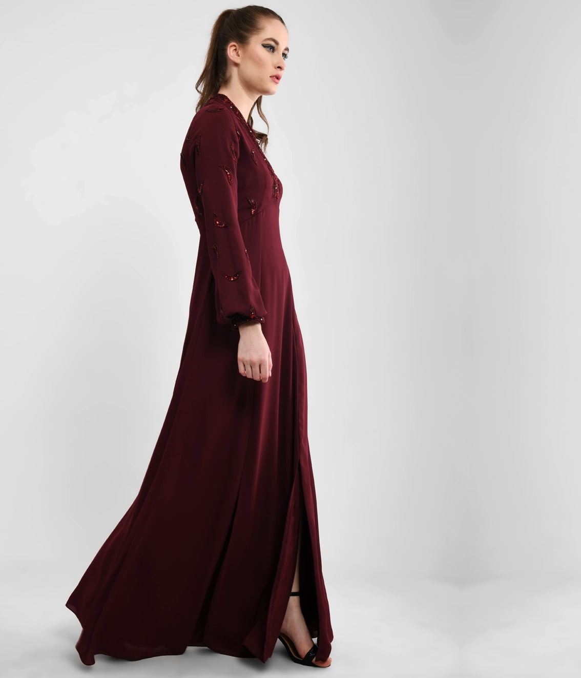 Classy Cranberry Hand Embellished V-neck Dress