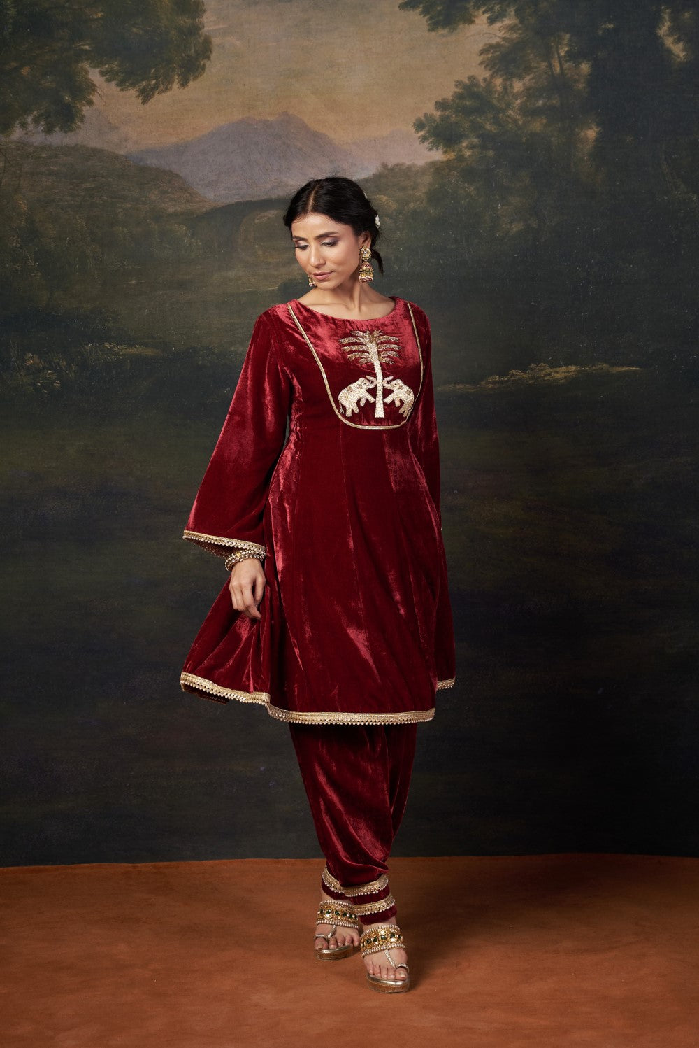 Hand-Embroidered Velvet Red Kalidar Anarkali Set