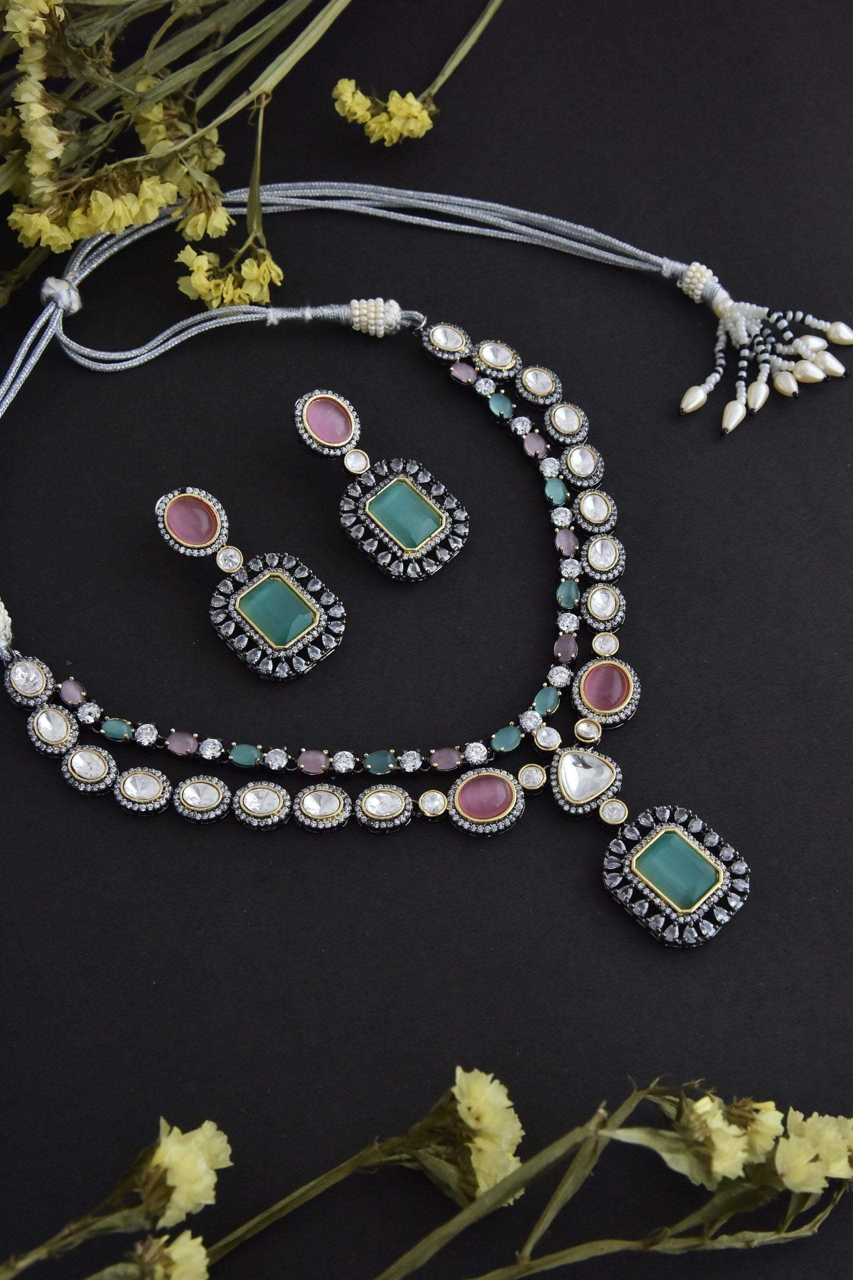 Pink and Mint Silver Tone Polki Necklace Set