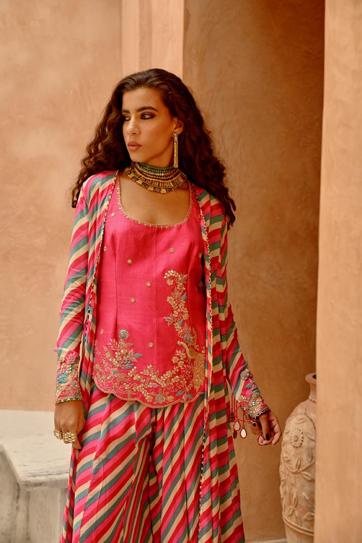 Image of Hot pink Indie-leheriya magzi kali jacket and sharara with heritage kurti.