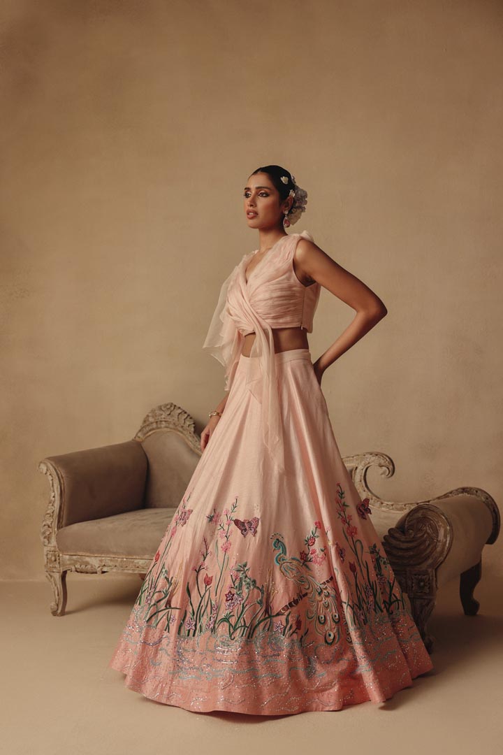 Pink Dreamy Hand Embroidery with Drape Blouse Lehenga