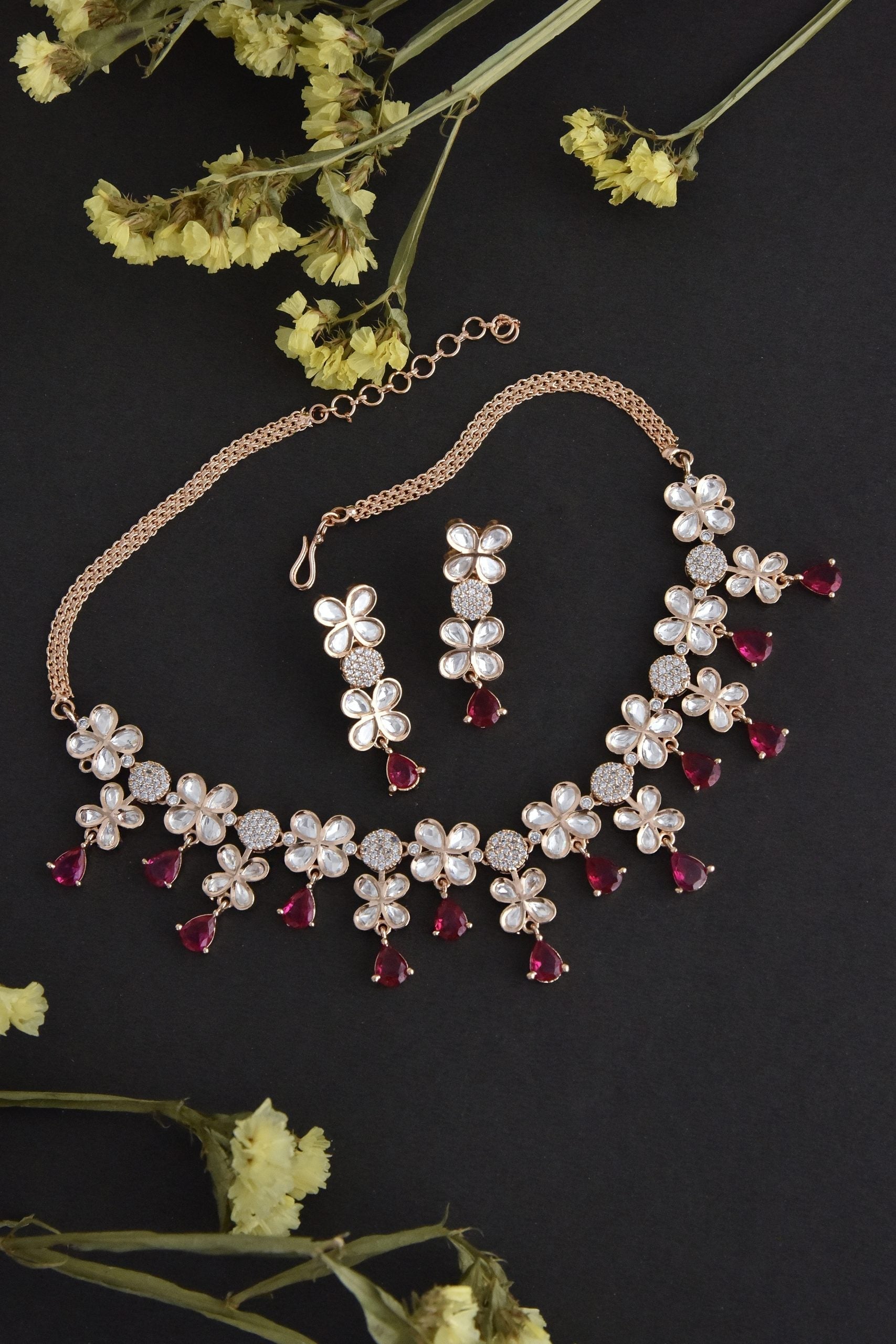 Ruby Rose Gold Tone Polki Necklace Set