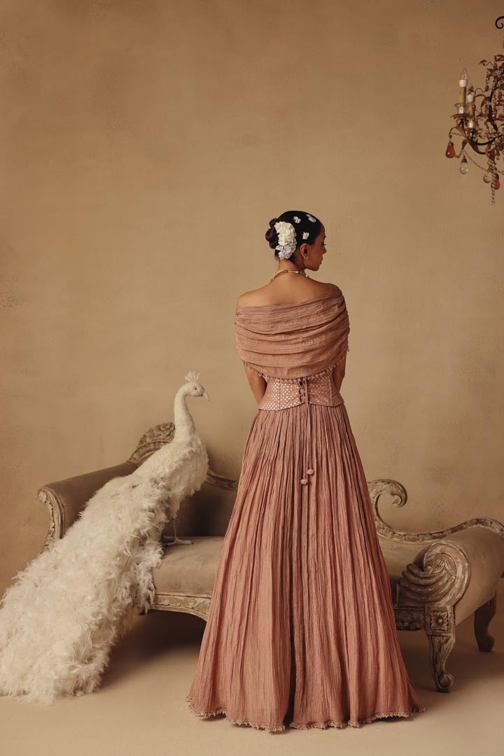 Pink Corset Pearl Drape Sleeves Lehenga