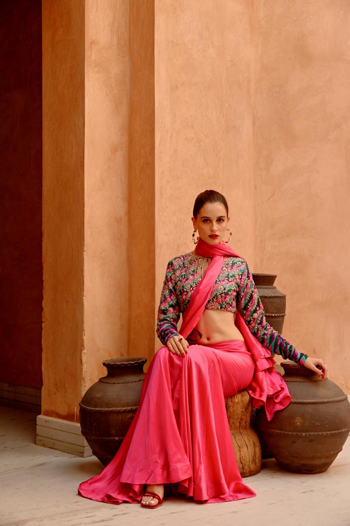 Image of Hot Pink drape saree with 'QUEEN' blouse