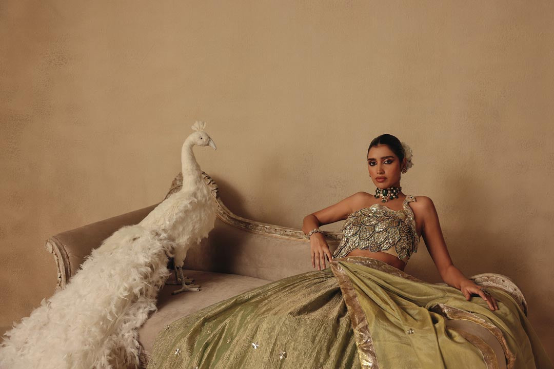 Green Peacock Hand Embroidery Lehenga