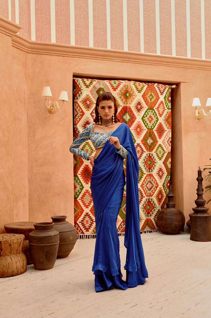 Image of Cobalt blue drape saree with 'PRINCESS' blouse