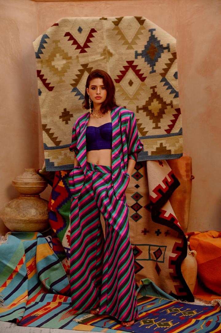 Image of Multi-colour indi-leheriya oversized jacket with corset and papa pants