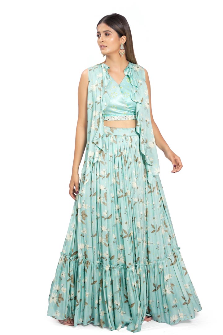 Turquoise Viscose & Satin Printed Skirt Set