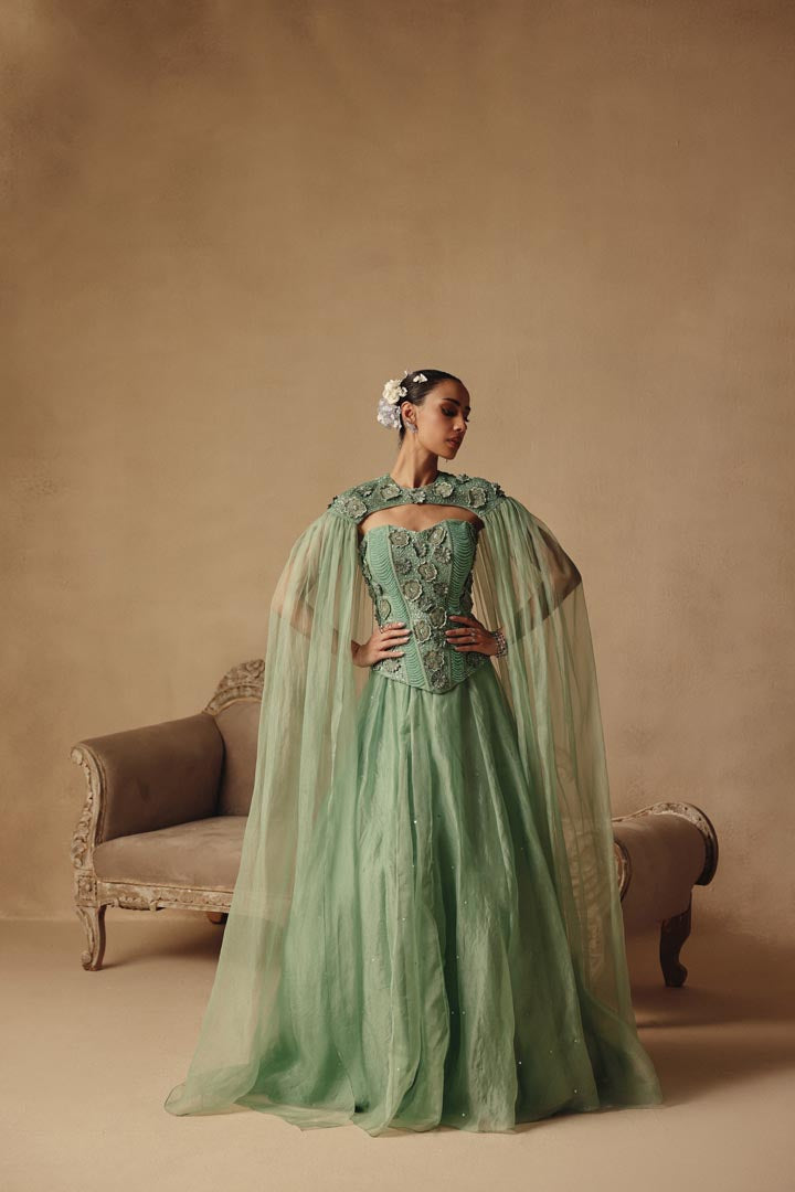 Corset with Cape Dupatta & 3D flowers Hand Embroidery Lehenga