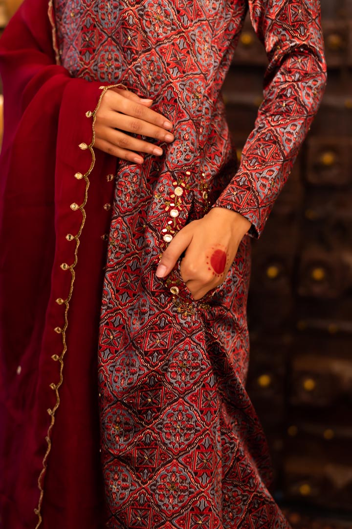 Red Embroidered Kurta Set