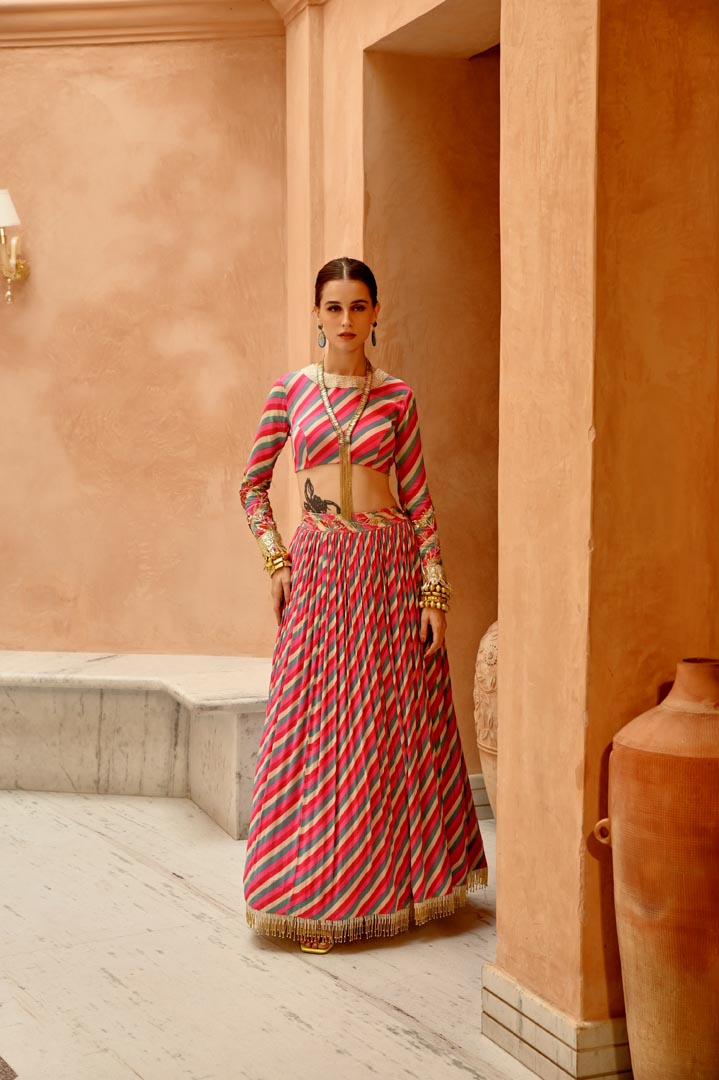 Image of Hot pink indi-leheriya blouse with tassel lehenga and dupatta set