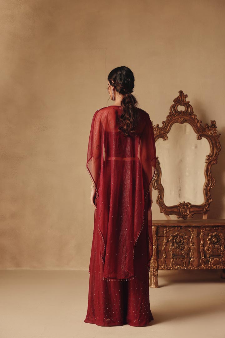 Wine Cape with Hand Embroidery corset along with Sharara pants