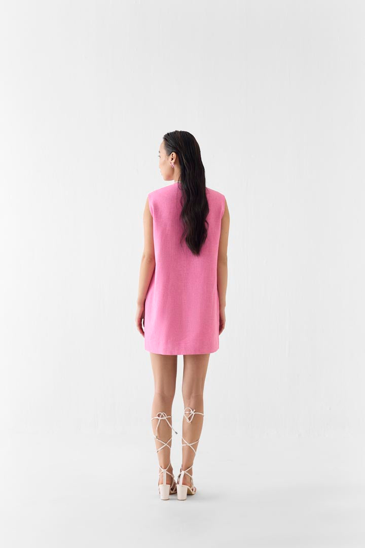 Pink City Hand-Embroidered Viscose Linen Short Shift Dress