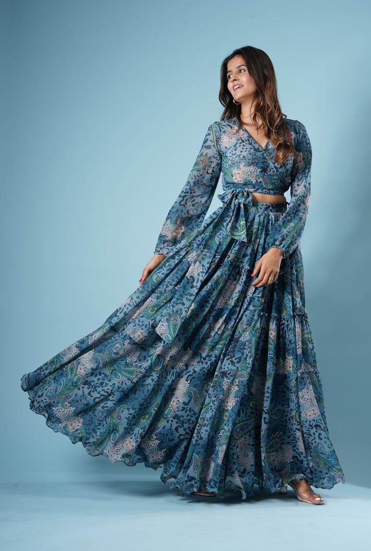 Blue Georgette Printed Skirt Set