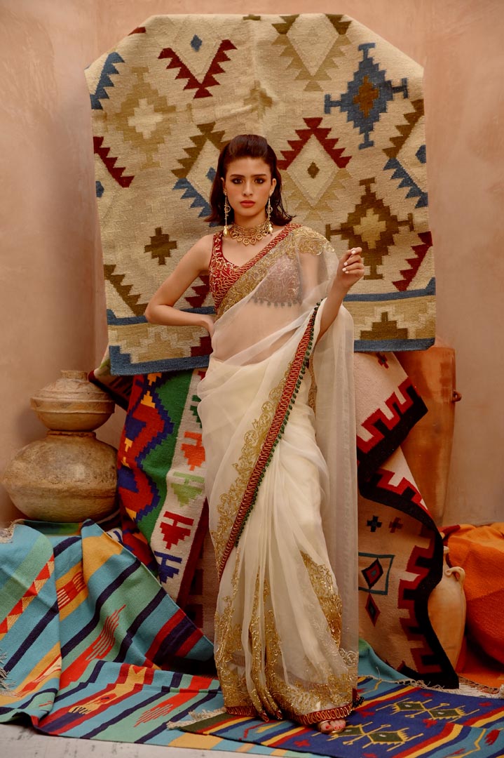 Image of Fawn 'QUEEN' saree withh beetroot sleeveless tie-up blouse.