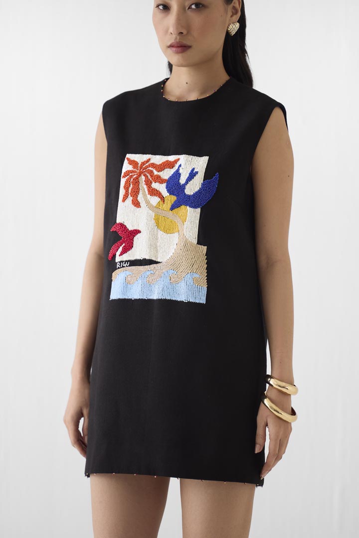 Sahara Night Short Dress - Hand Embroidered Linen Shift Dress