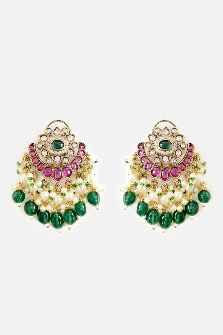 Gold-Plated Green & White Stone Long Necklace Set