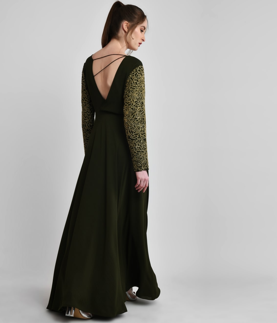 Deep Olive Green Embellished Draped Gown