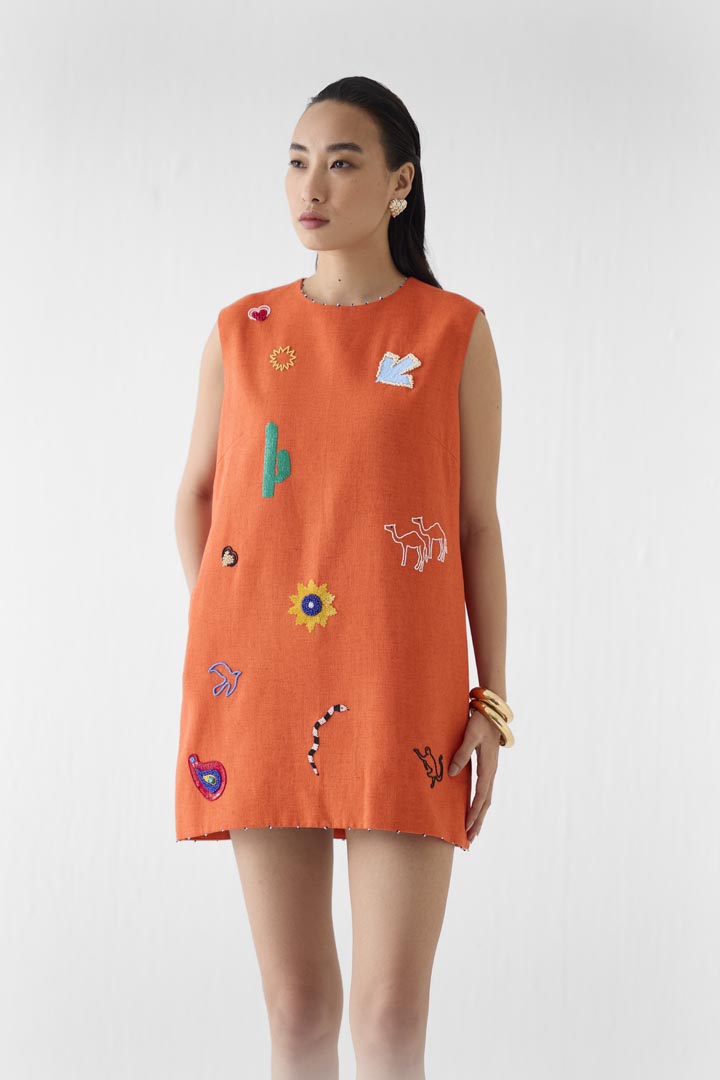 Sahara Dawn Hand Embroidered Linen Short Dress in Orange