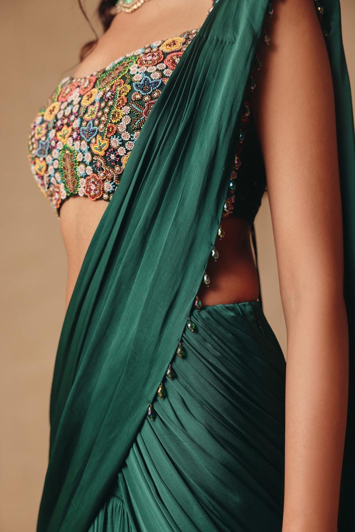 Green Hand Embroidered Drape Saree