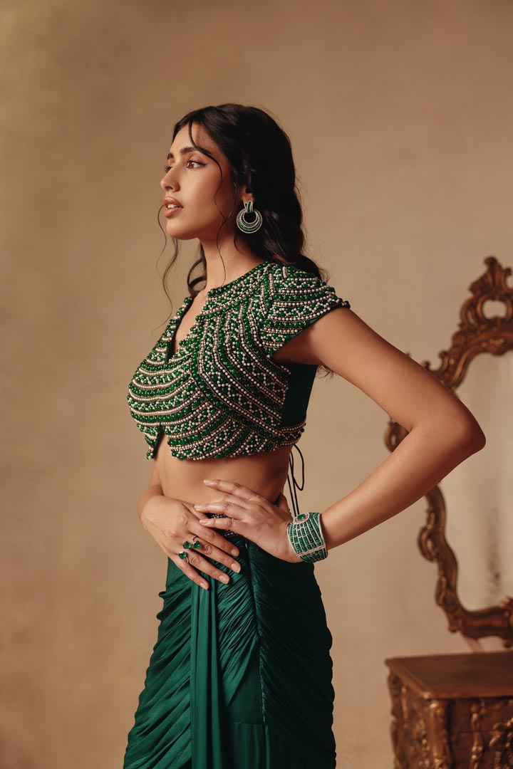 Emerald Cocktail Hand embroidered Drape Skirt set