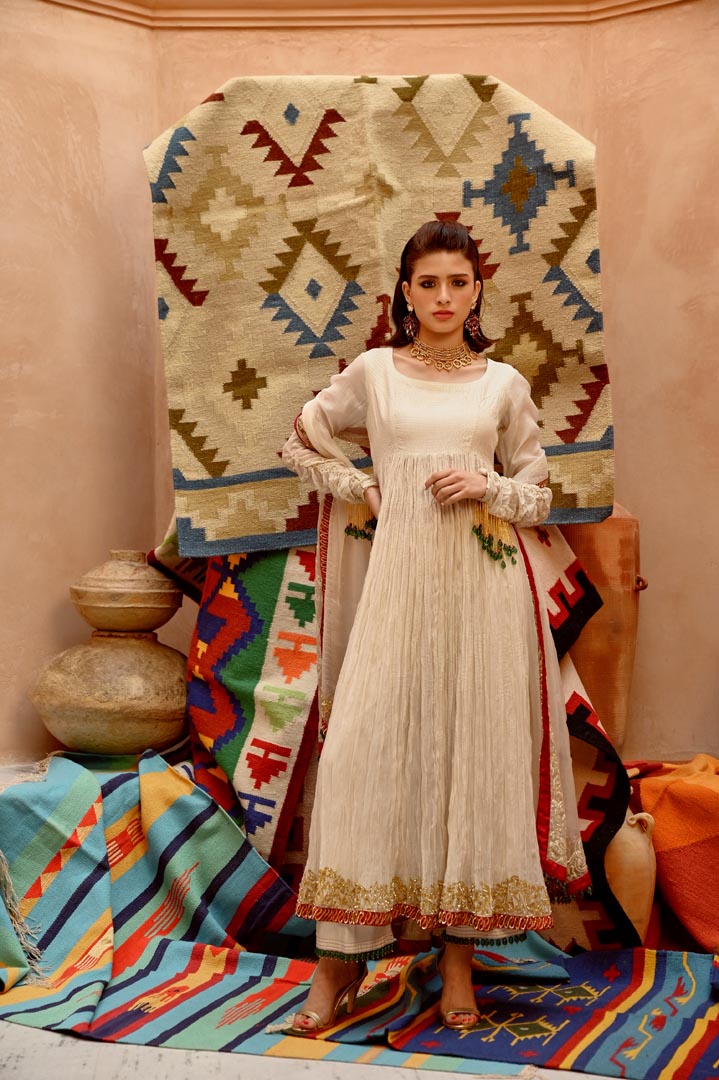 Image of Fawn crushed anarkali set