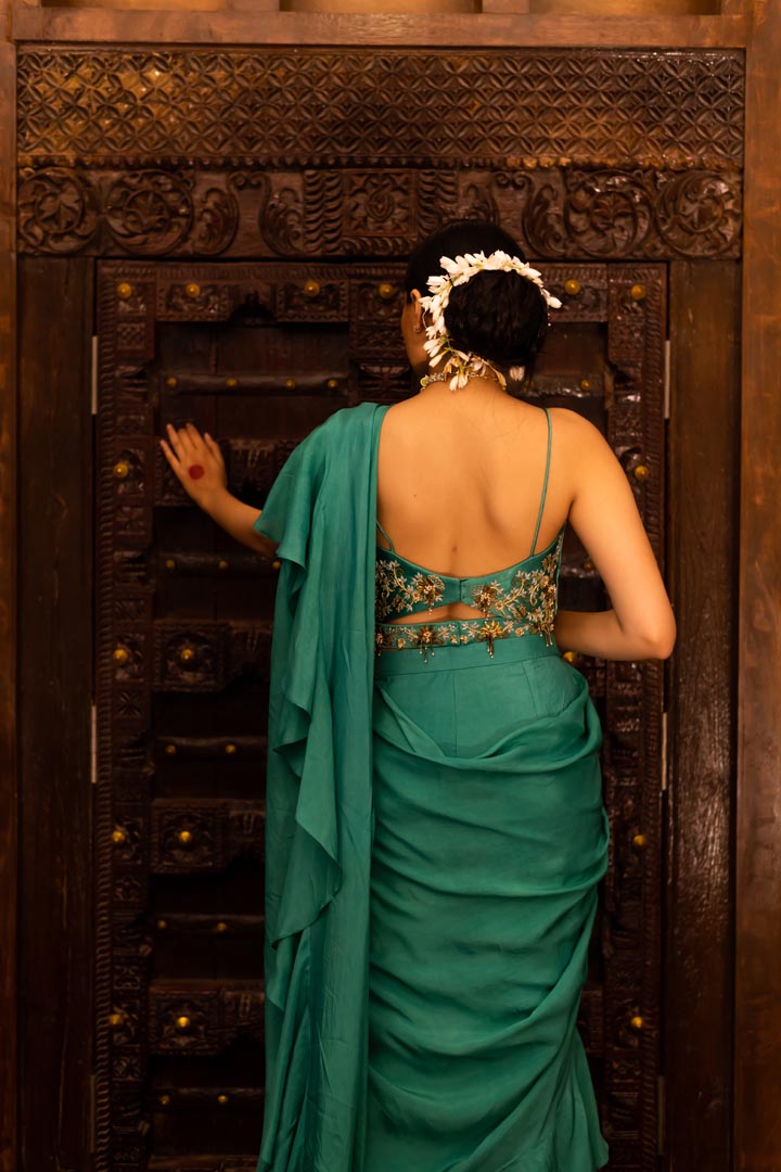 Emerald Green Embroidered Draped Sharara Saree Set